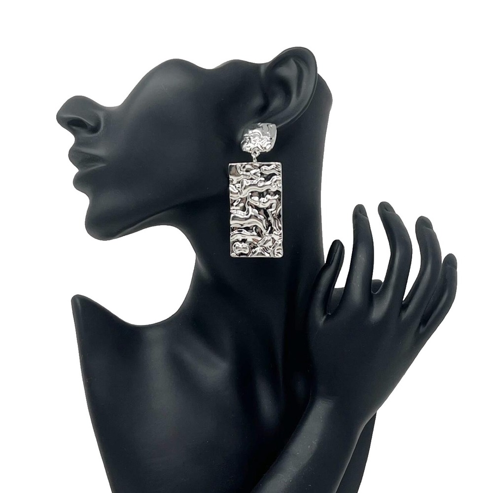 Silver-Tone Textured Geometric Drop Pierce Earrings